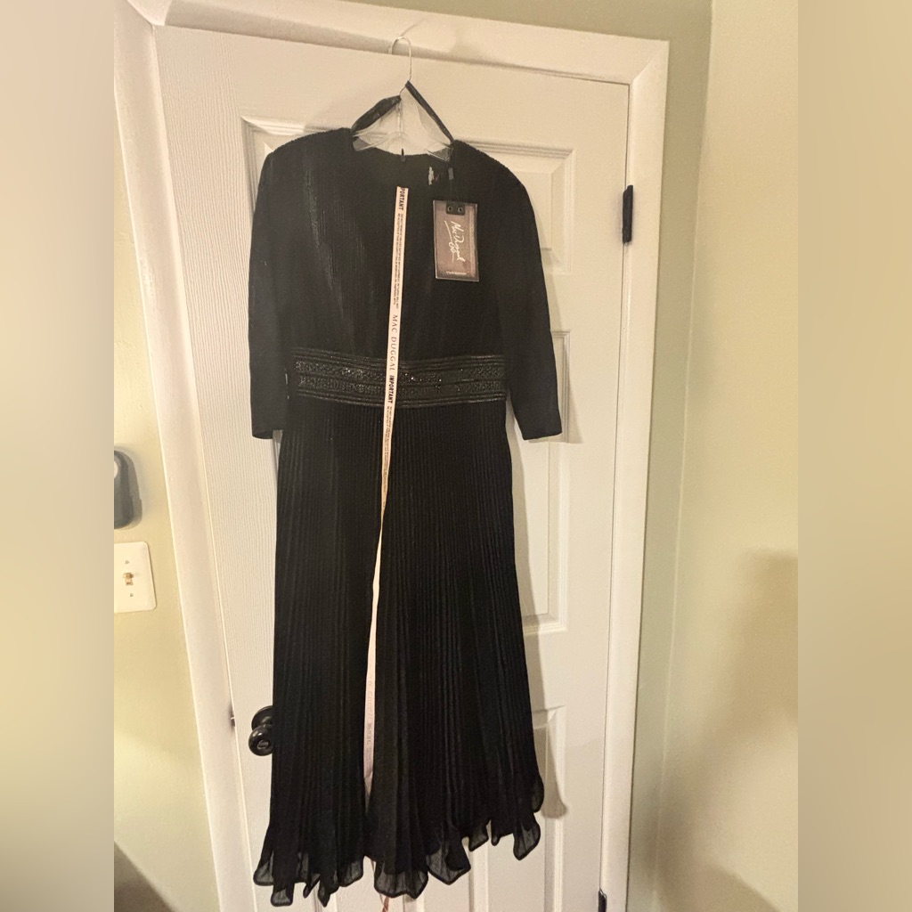 Mac Duggal Black Shimmering 3/4 Sleeve A-Line Midi Dress Nwt 8